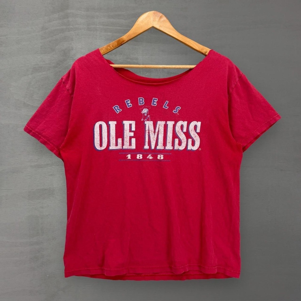 Vintage Ole Miss Rebels T-Shirt Red Custom Cut Neckline Graphic Tee XL